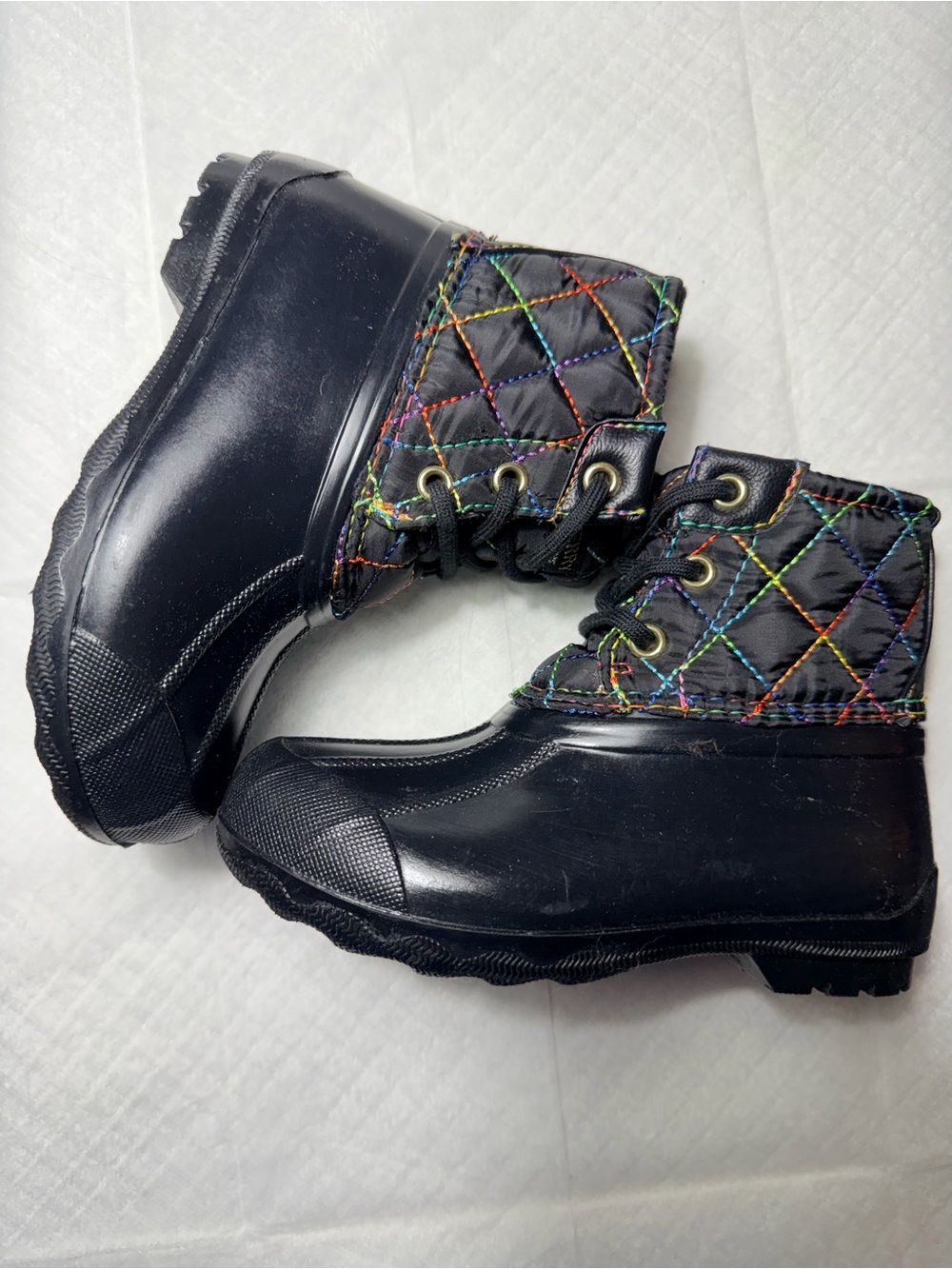Sperry Black Quilted Rain Boots with Multicolor Stitching NWBox